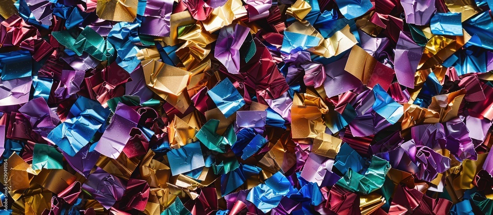 Colorful shiny metallic shavings in vibrant shades of blue, purple, gold, and red arranged in a flat lay design on a dark metallic background Colorful shiny metallic shavings in vibrant shades of blue, purple, gold, and red arranged in a flat lay design on a dark metallic background