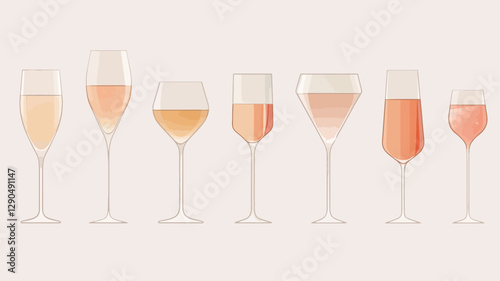 A studio shot against a light background displays a collection of eight different types of wine glasses filled with varying levels of ros�� wine.  The glasses are arranged in a horizontal