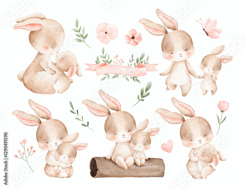 Watercolor Illustration Set of Mother and Baby Rabbit with Nature Elements