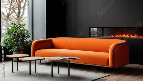 Modern orange sofa in a stylish waiting area with a fireplace photo