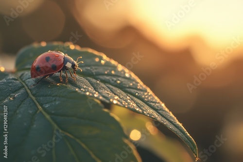 Ladybug on dewy leaf at sunrise