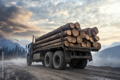 Logging truck on mountain road at sunrise with dense load of timber and misty forest background photo