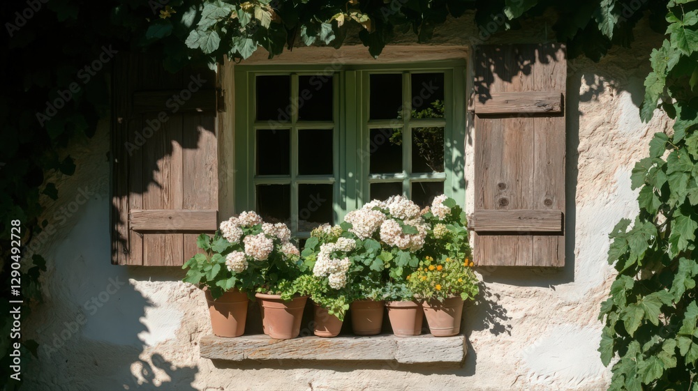 Fototapeta premium Rustic Window with White Flowers and Ivy