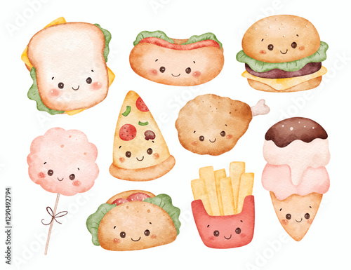 Watercolor Illustration Set of Kawaii Food