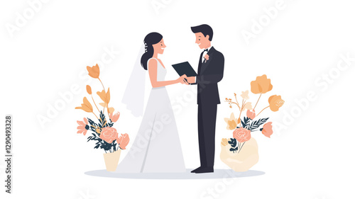 A digital illustration depicting a bride and groom standing facing each other, holding hands, and appearing to exchange vows.  The bride is wearing a white wedding dress with a veil, and