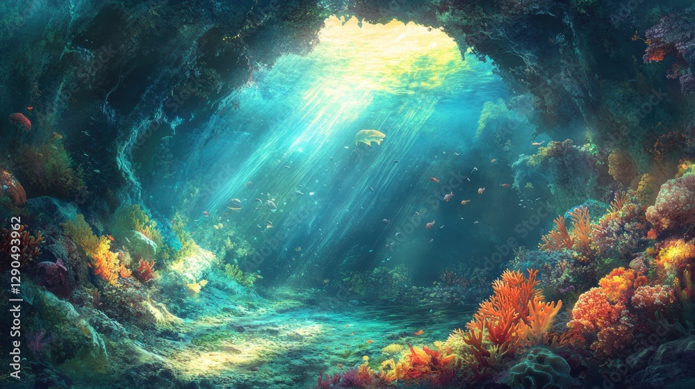 Obraz premium A hidden underwater cave within a coral reef, illuminated by sunbeams filtering through the water.