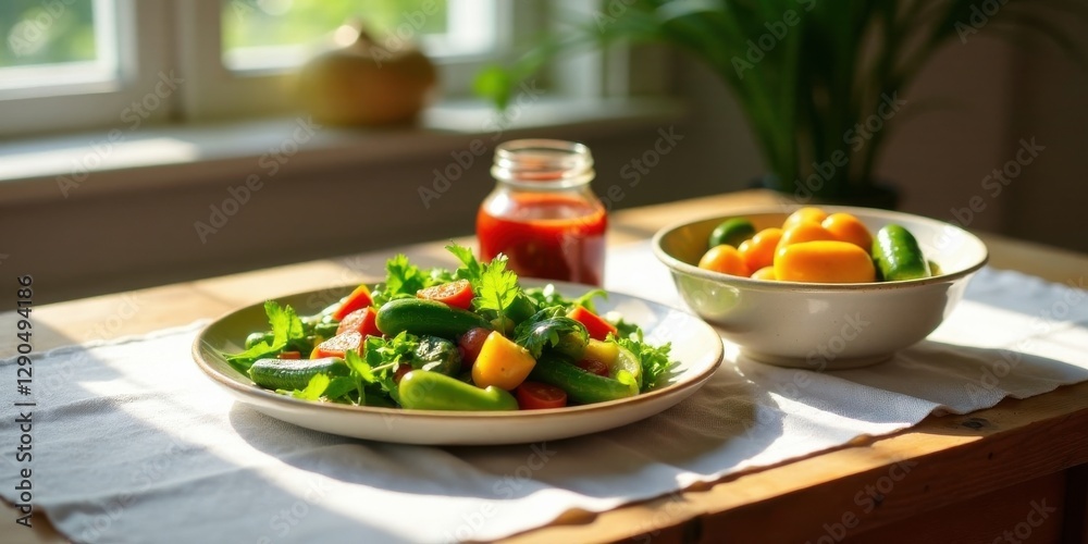 Sunlight Dapples a Vibrant Summer Salad with Fresh Herbs and Colorful Vegetables Served on a Rustic Table Sunlight Dapples a Vibrant Summer Salad with Fresh Herbs and Colorful Vegetables Served on a Rustic Table