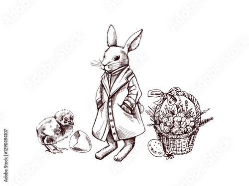 easter bunny with basket, chick and eggs, vintage hand drawn sketch