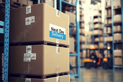 Next day delivery boxes in warehouse with forklift in background
