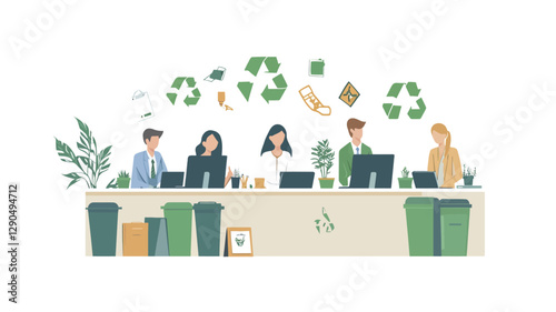 An illustration depicting a group of diverse individuals working together at a shared desk in an office setting.  The illustration features a flat design style with pastel colors.