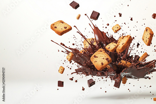 Exploding cookie burst, vibrant chocolate and cookie color palette, splashes and cookie fragments flying outward