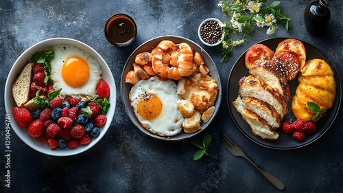 Wallpaper Mural A rustic dining table set with two bowls of hearty food and a colorful bowl of fresh fruit Torontodigital.ca