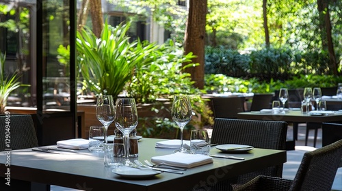 A clean outdoor dining area with sleek furniture and a view of a tranquil garden. picture