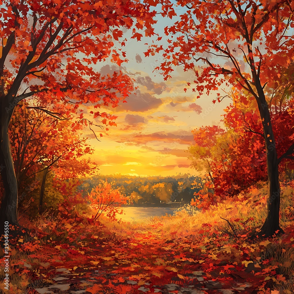 Fototapeta premium Sunlit crimson leaves create a breathtaking autumn forest view Image