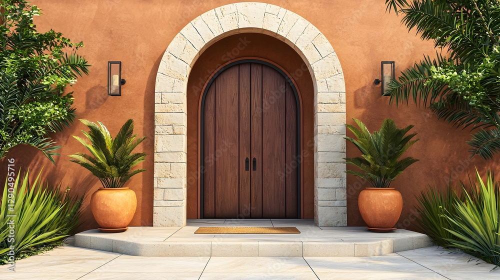 Fototapeta premium Mediterranean-style entrance with terracotta tones and natural stone.