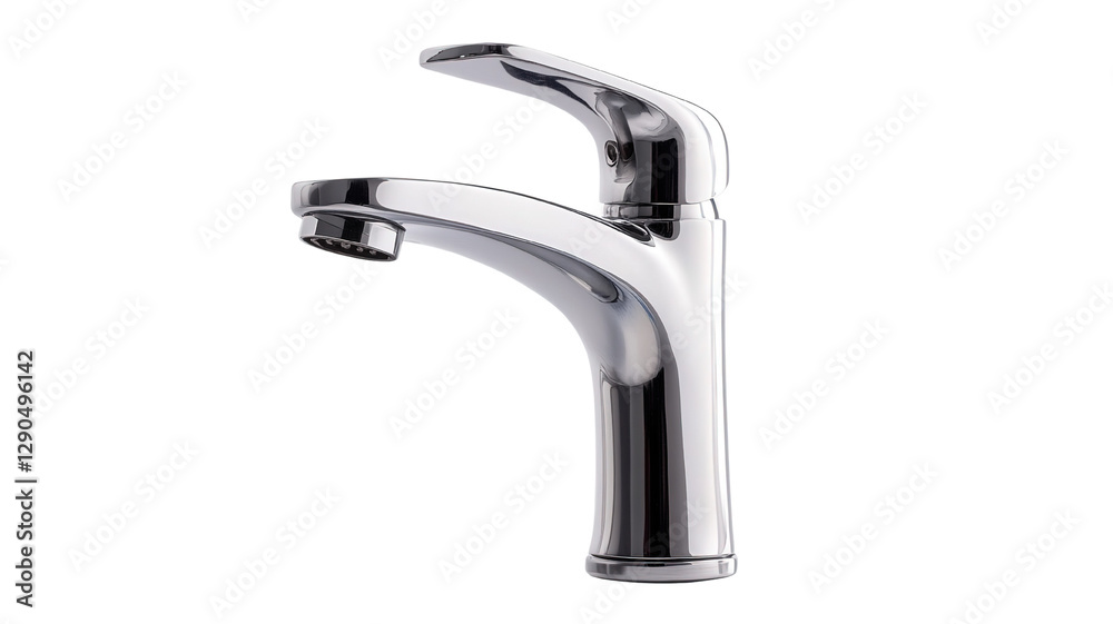 A modern chrome faucet with sleek lines and a curved spout, isolated on a transparent background. The faucet is elegantly designed, with a minimalist style and clear reflections on its surface. A modern chrome faucet with sleek lines and a curved spout, isolated on a transparent background. The faucet is elegantly designed, with a minimalist style and clear reflections on its surface.