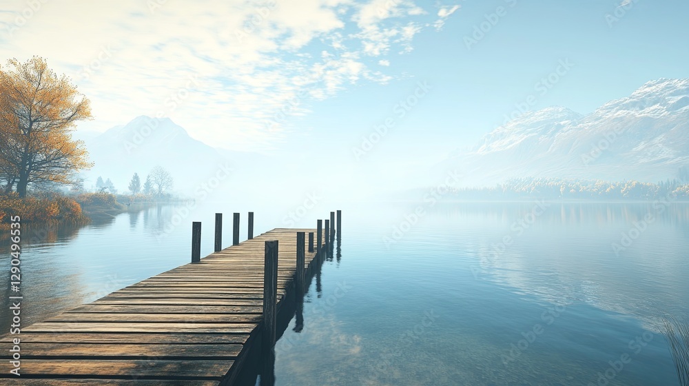 Fototapeta premium A calm lakeside scene with a wooden pier extending into the water. picture