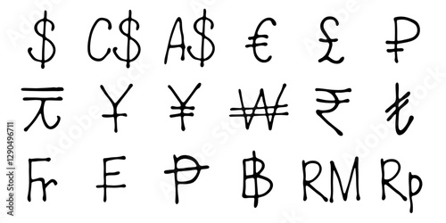 Hand drawn currency symbol set Dollar euro pound ruble yuan yen won rupee lira franc peseta baht ringgit rupiah