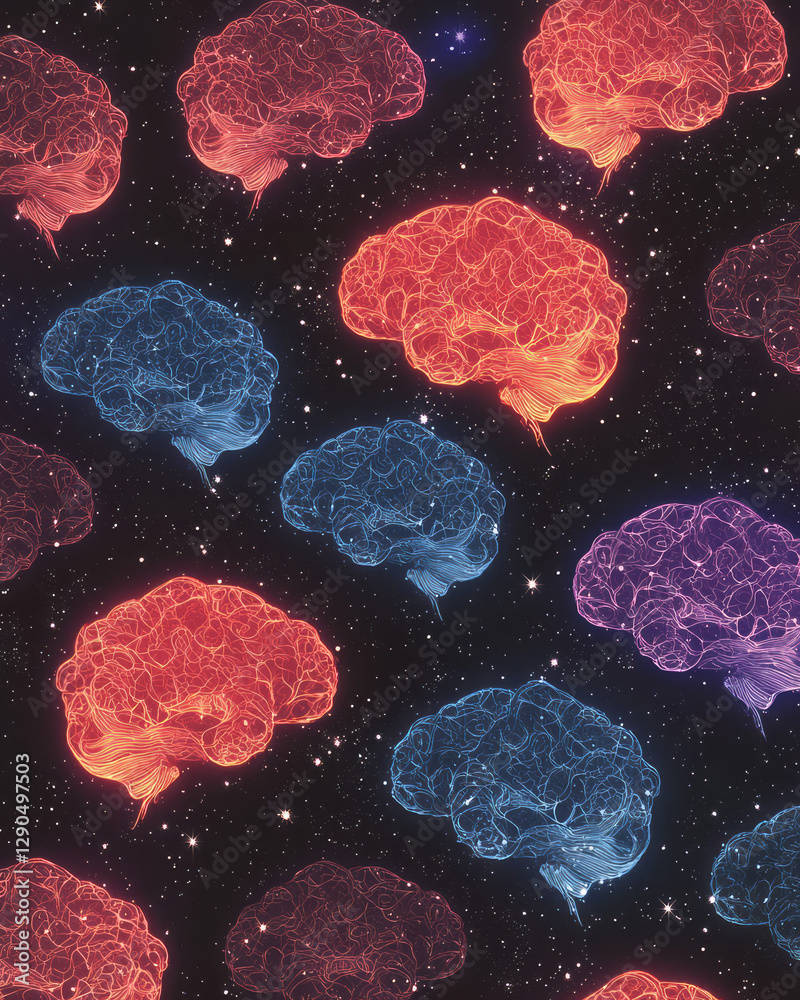 Fototapeta premium Surreal arrangement of multiple brain silhouettes layered with bold fractal patterns, bright
