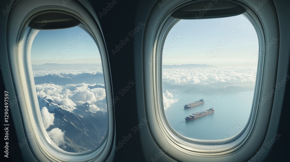 Views of a Coastal Landscape and a Cargo Ship From an Airplane Window During a Calm and Clear Day Over the Ocean Views of a Coastal Landscape and a Cargo Ship From an Airplane Window During a Calm and Clear Day Over the Ocean