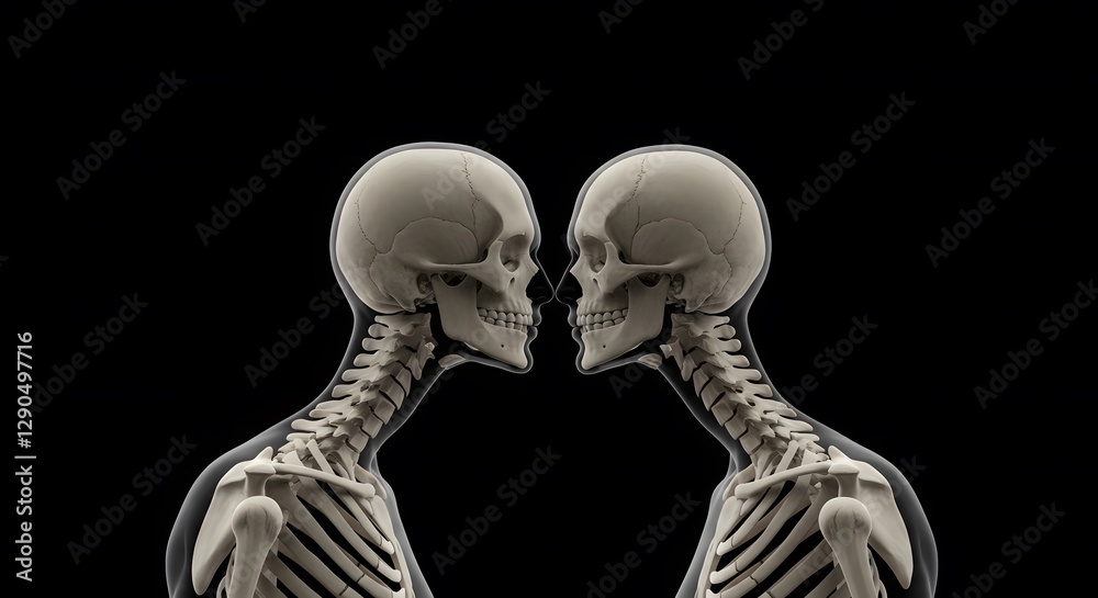 Two Skeletons Facing Each Other on Black Background Two Skeletons Facing Each Other on Black Background