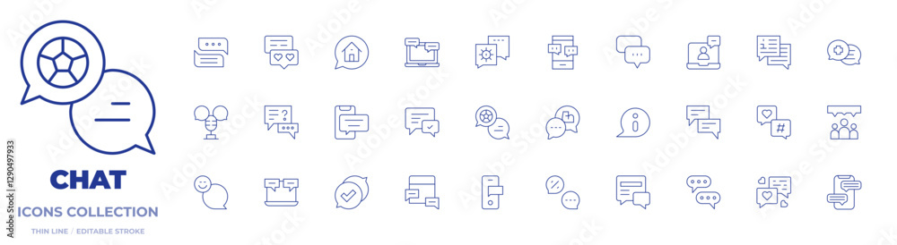 Chat icons collection. Thin Line icons, editable stroke. chatting, group chat, feedback, information, message, newspaper, house, chat, video chat Chat icons collection. Thin Line icons, editable stroke. chatting, group chat, feedback, information, message, newspaper, house, chat, video chat