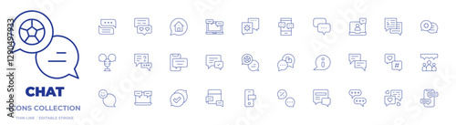 Chat icons collection. Thin Line icons, editable stroke. chatting, group chat, feedback, information, message, newspaper, house, chat, video chat