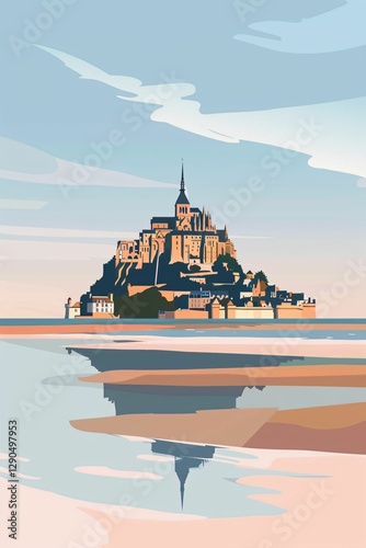 Mont Saint-Michel en Normandie, dessin façon aquarelle, minimaliste et coloré