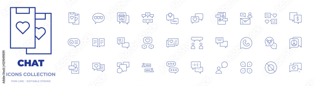 Chat icons collection. Thin Line icons, editable stroke. communication, message, no speak, chat, contacts, speech bubble, slack, like, whatsapp Chat icons collection. Thin Line icons, editable stroke. communication, message, no speak, chat, contacts, speech bubble, slack, like, whatsapp