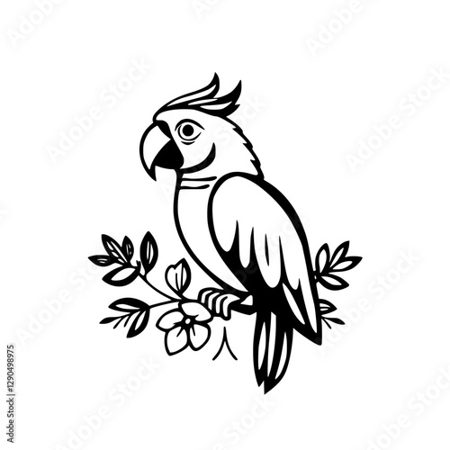 A minimalist black and white illustration depicting a smiling parrot perched on a branch.