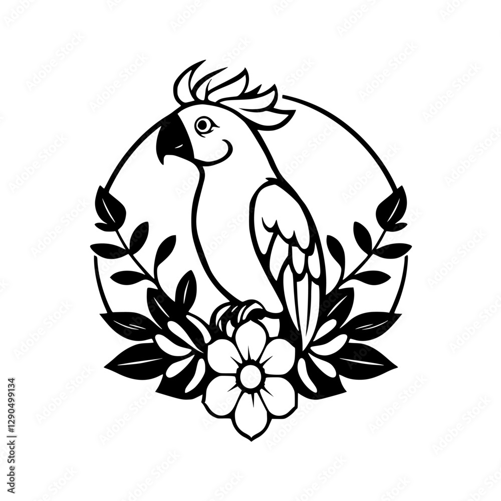 Fototapeta premium Black and white illustration of a parrot framed by a circle, branches, and a flower.