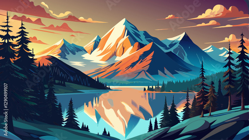 Glacial mountain Garibaldi lake at sunset. View of a mountain lake between fir trees. Mountain peaks above the lake lit by sunset rays. Garibaldi Provincial Park