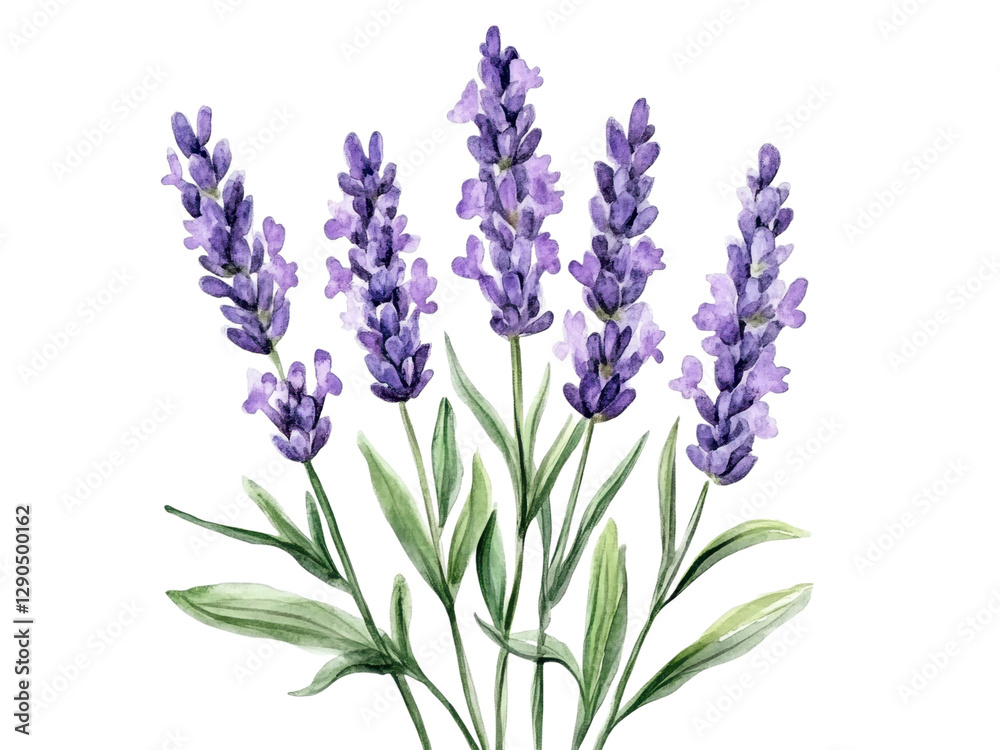 Fototapeta premium A Watercolor Painting of a Lavender Bouquet: Purple Blossoms and Green Leaves
