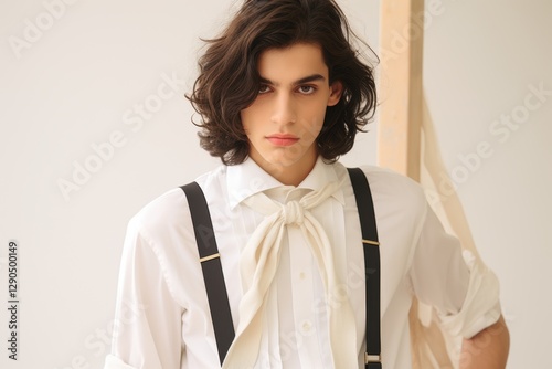 A man with a white shirt and black suspenders poses for a photo