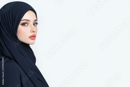 Minimalistic shot of a stylishly covered woman in a sleek hijab and modern blazer, posed