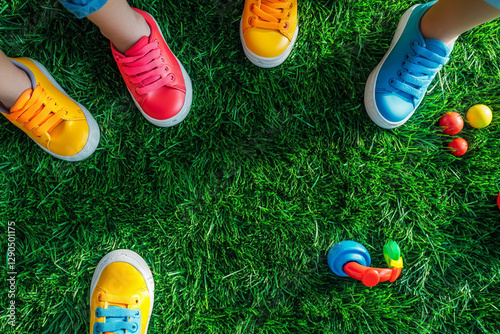 Children's feet in bright sneakers on green grass with toys photo