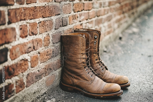 Vintage style men's boots stand against an old brick wall photo