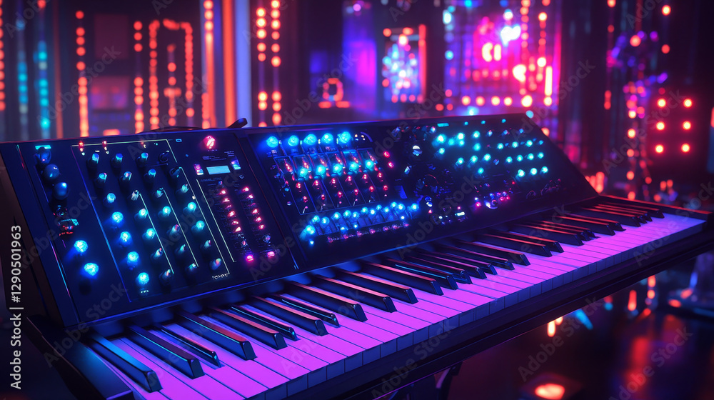 Music keyboard instrument playing synthesizer equipment banner design vector illustration. Harmony performance entertainment electric piano poster. Instrumental song orchestra guitar Music keyboard instrument playing synthesizer equipment banner design vector illustration. Harmony performance entertainment electric piano poster. Instrumental song orchestra guitar