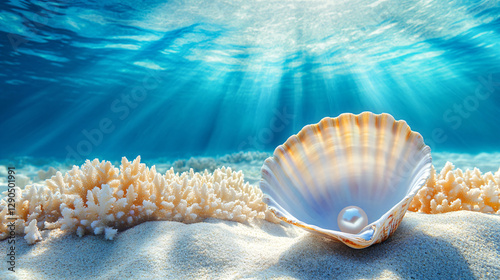 Fototapeta Naklejka Na Ścianę i Meble -  White mollusk shell with pearl on the bottom of a transparent ocean or blue sea. Banner template design for advertising tourism, vacation and travel to the sea with space for text