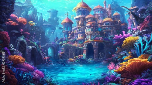 An enchanting underwater city nestled within a colorful coral reef.
