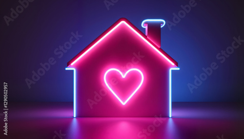 Neon house with glowing heart symbol