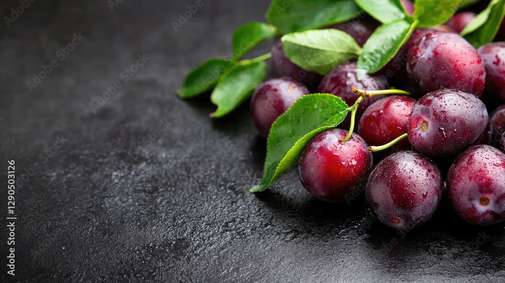 Fresh Red Plums with Green Leaves on Dark Stone Surface Fresh Red Plums with Green Leaves on Dark Stone Surface