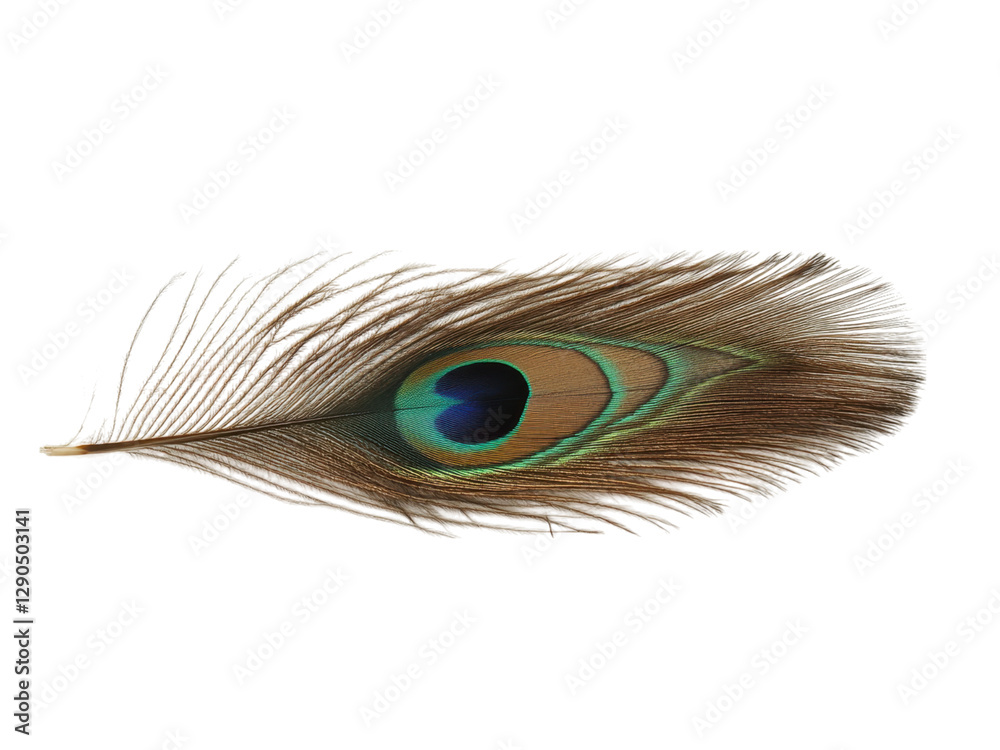Obraz premium Closeup of a Single Vibrant Peacock Feather Isolated on Transparent Background Detailed Macro Shot of Exotic Bird Plume