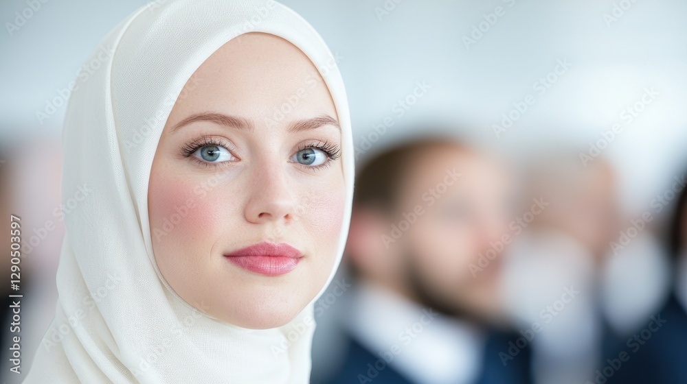 Woman in headscarf, professional setting, looking at camera, office background, possible use for a business-related article, or blog post Woman in headscarf, professional setting, looking at camera, office background, possible use for a business-related article, or blog post