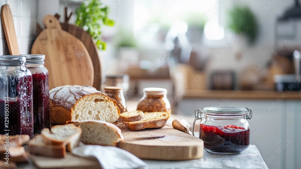 Fototapeta premium Warm Homey Kitchen Scene with Freshly Baked Bread and Homemade Jam on Counter