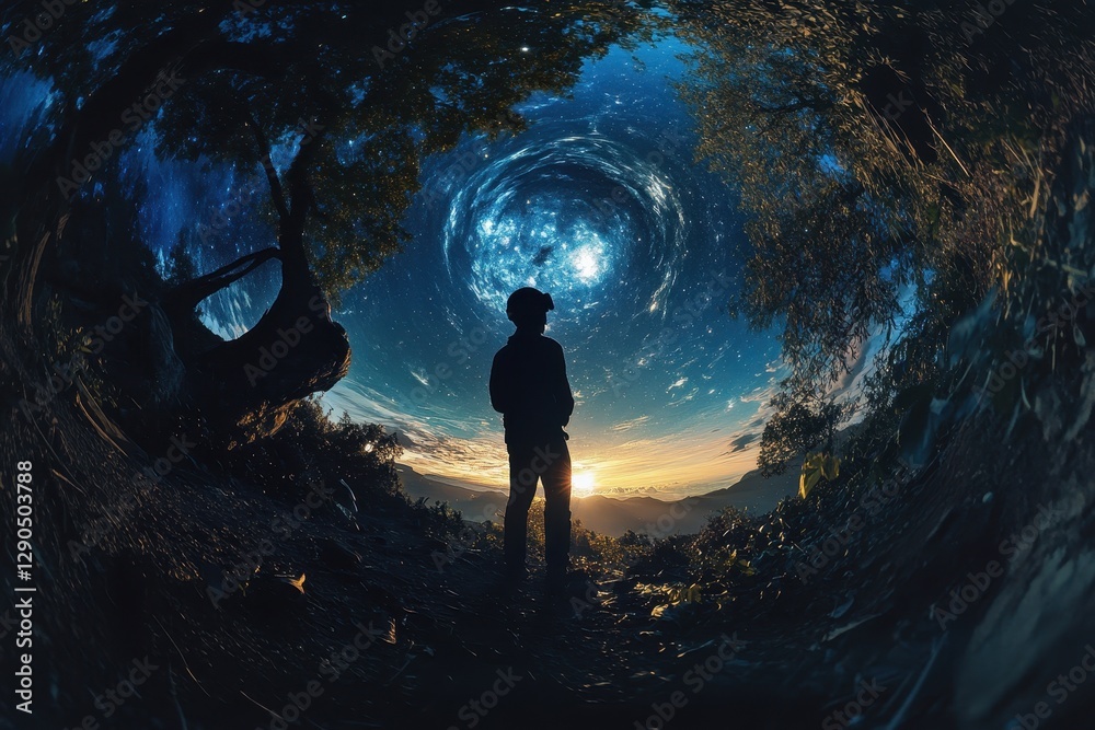 Obraz premium Engaging in a virtual reality experience of self-discovery in a cosmic landscape at sunset, A 360-degree virtual reality experience of being trapped alone in the fiery depths of hell