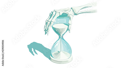 A stylized illustration depicts a skeletal hand, rendered in pale cyan hues, grasping an hourglass. The hourglass is also rendered in similar pale cyan and white tones, with sand subtly