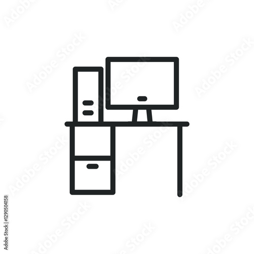 Office chair and desk with computer line with editable stroke