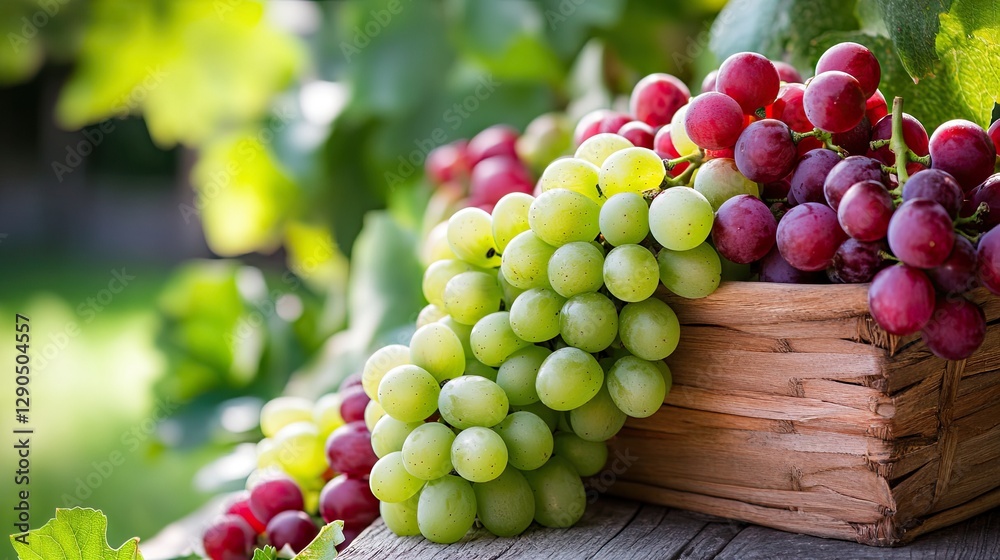 Fresh Grapes in a Wooden Basket Surrounded by Green Leaves Fresh Grapes in a Wooden Basket Surrounded by Green Leaves