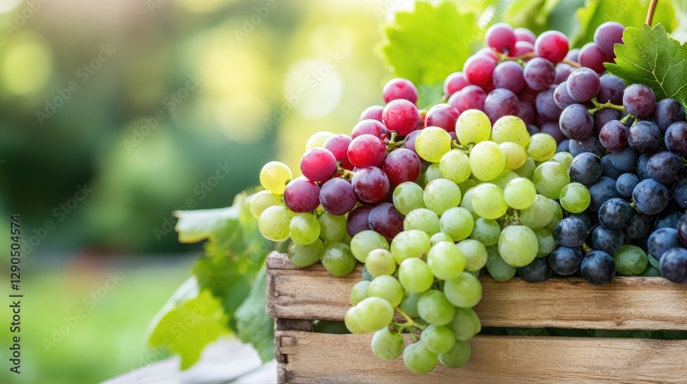 Fresh Assorted Grapes on Wooden Crate Against Natural Background Fresh Assorted Grapes on Wooden Crate Against Natural Background
